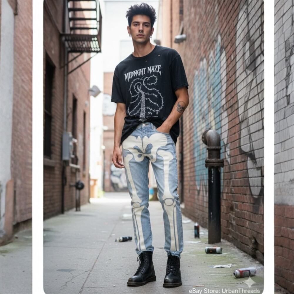 MNML Skeleton Bones Men's Denim Jeans
SZ 31x36 Streetwear Grunge Goth Edgy
Punk